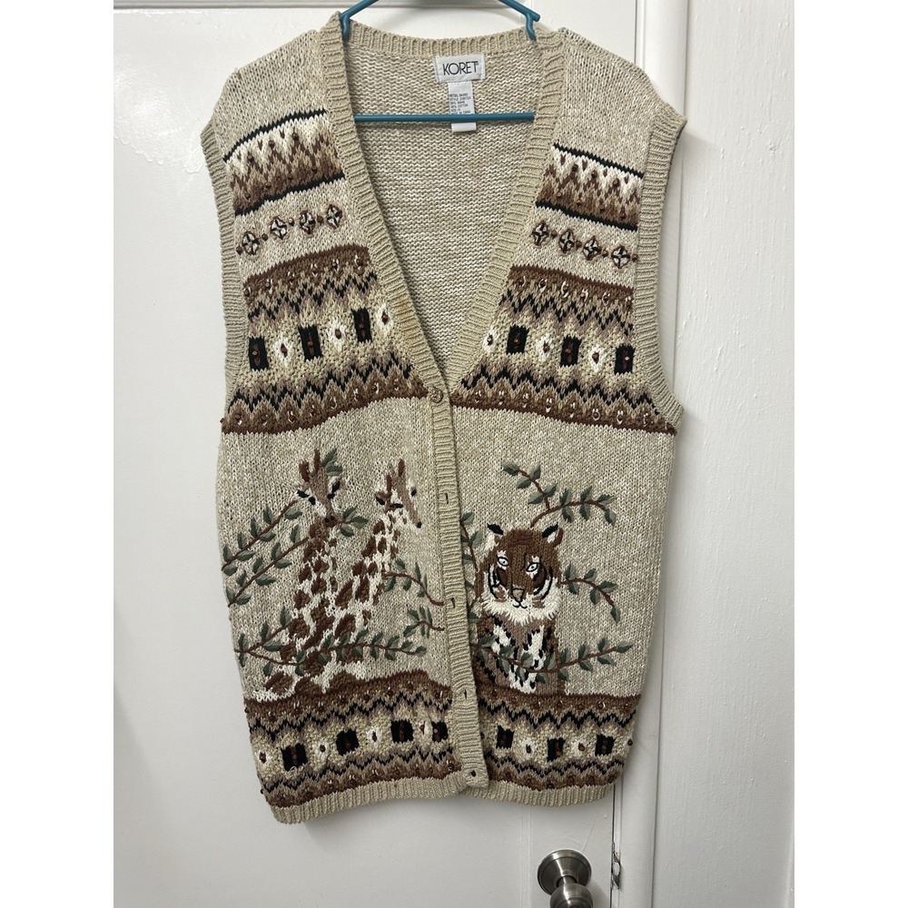 Vintage Koret Button Front Sweater Vest Giraffe Tiger Grannycore Women's Plus 1X